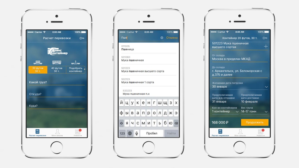 Calculation of transportation consists of four simple steps: choosing a container, specifying the type of cargo, point of departure and place of arrival. The container selection element displays the two most popular options and a mechanism for selecting a container by parameters.